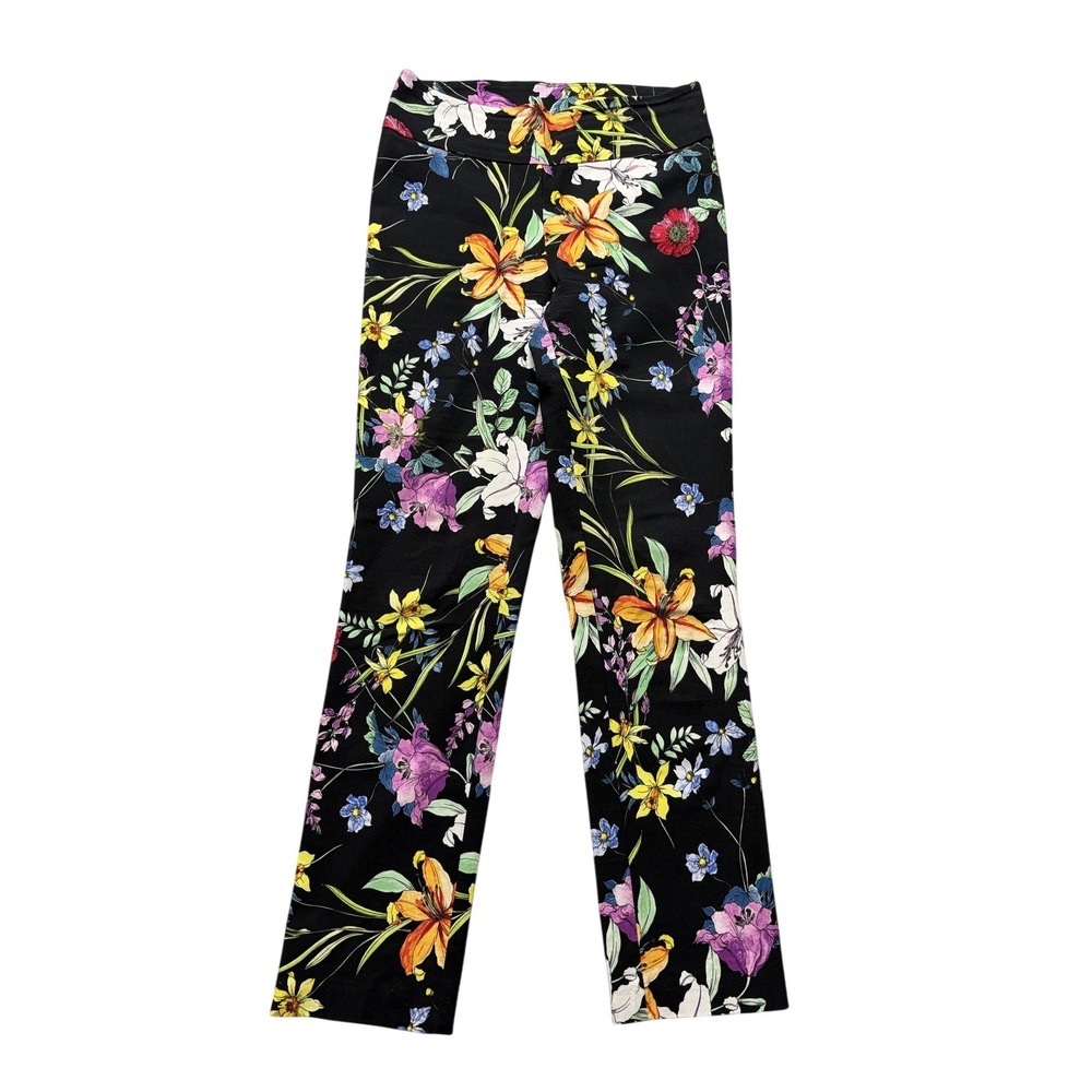 Joseph Ribkoff Dress Pants Womens 4 Black Floral Print Twill Pull On Stretch
